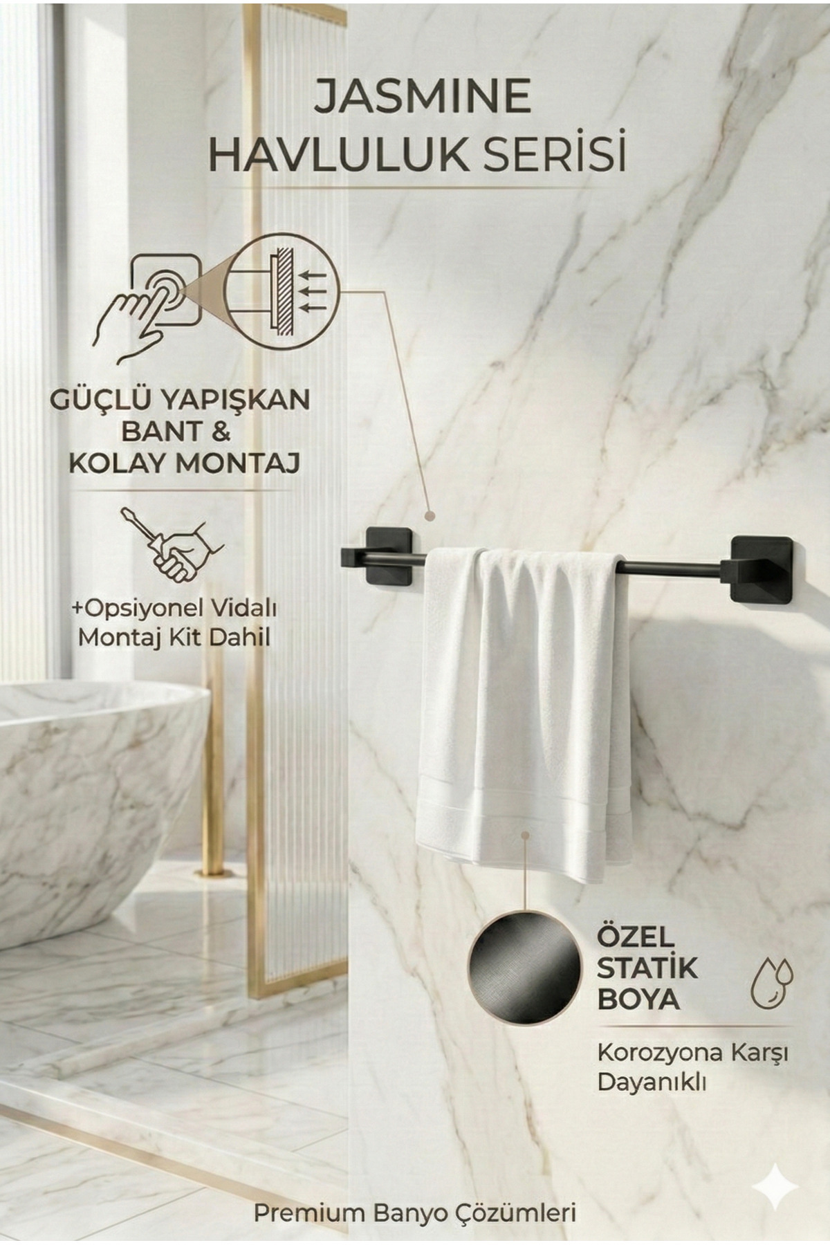 Adhesive Black Square Towel Hanger 40 cm | Long Towel Hanger | Mounting Option without Drilling