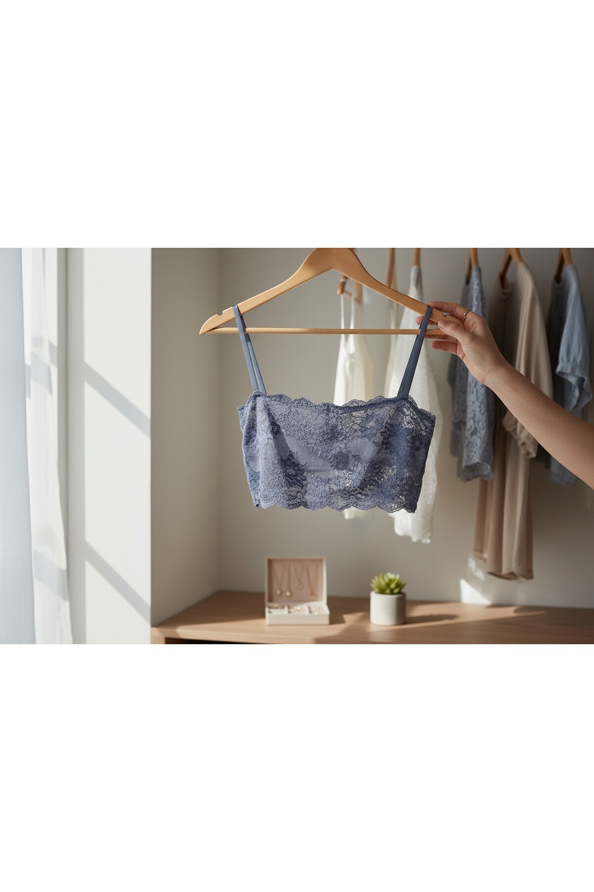 POGİ LINGERIE Mavi Dantelli Büstiyer, Mavi Straplez Crop, Straplez Bralet, Lace Crop görsel 4