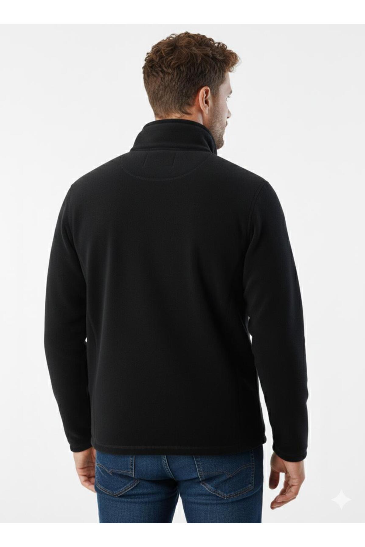 pandy  Unisex Siyah Polar Tam Fermuarlı 3 Cepli Outdoor Polar Ceket - Görsel 5