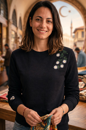 yubistitch Sweat Nakış İşlemeli Çiçek-6-Kalın Serisi - Siyah