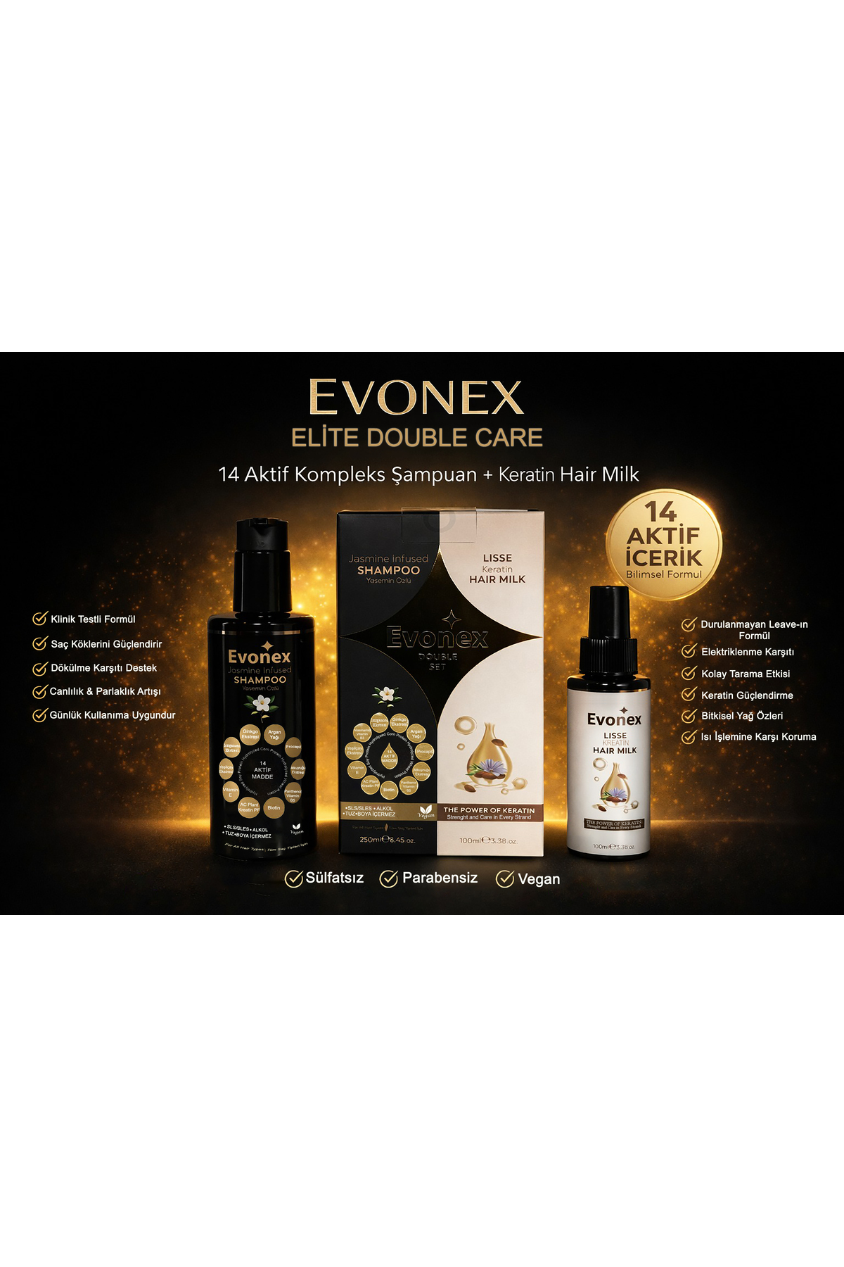 ۱۴ عدد شامپوی فعال + شیر مو کراتینه | ضد ریزش مو، بدون سولفات، بدون پارابن — EVX-SET-YSN-KER-350 — تصویر 2 از 6