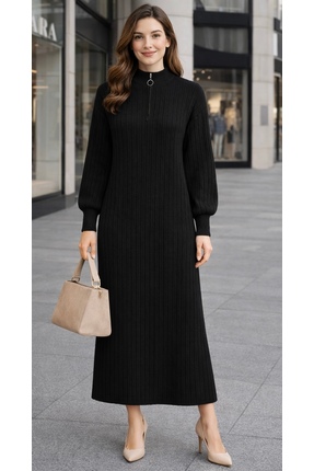semela (SİYAH)DÜZ KESİM FİTİLLİ FERMUAR DETAYLI UZUN ELBISE (130 cm )
