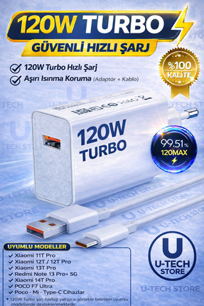 utechno 120W (WATT) Turbo Hızlı Şarj Adaptör+Kablo(Set) Tüm Telefonlarla Uyum...