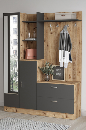 Yurudesign Wisdom Çam Antrasit Vestiyer Ayakkabılık Portmanto Aynalı Raf