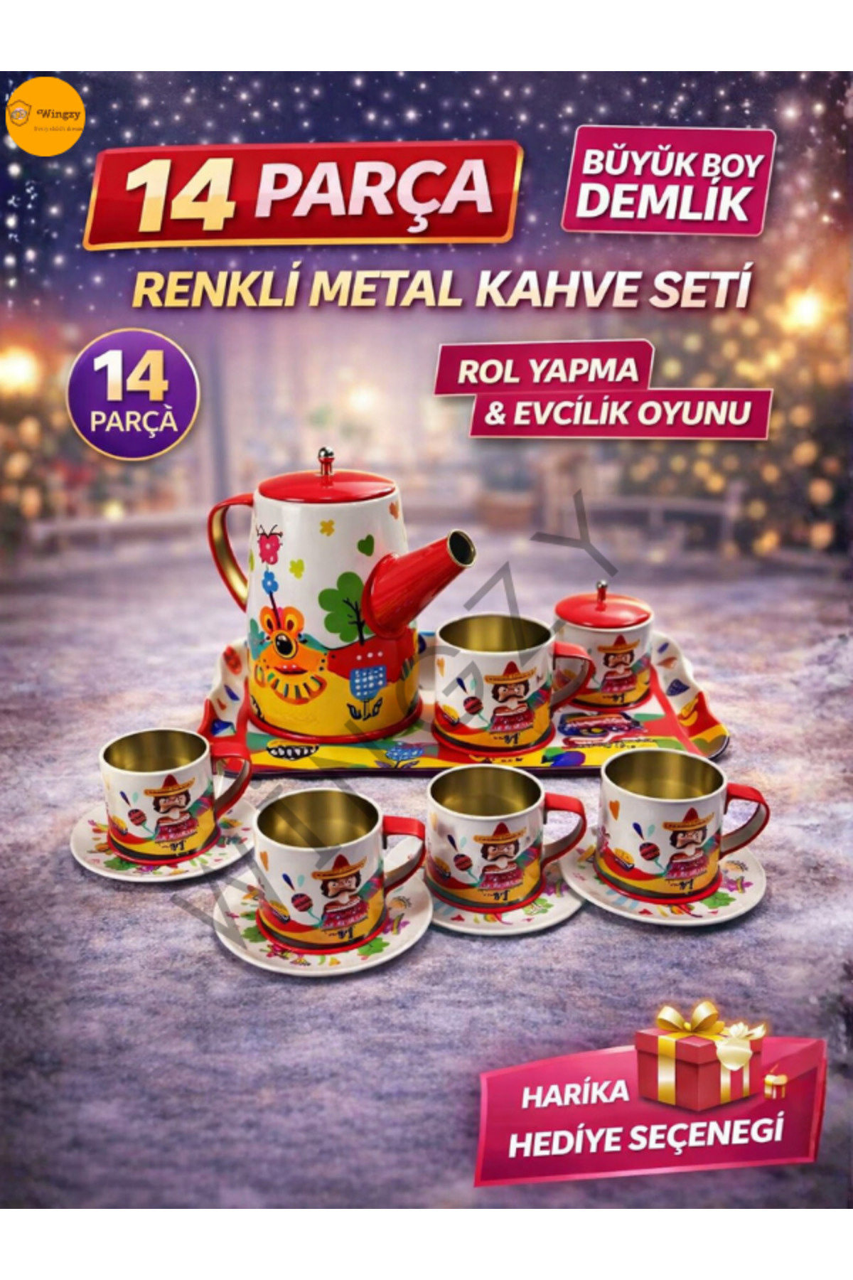 14 Parça Desenli Büyük Renkli Metal Kahve Seti