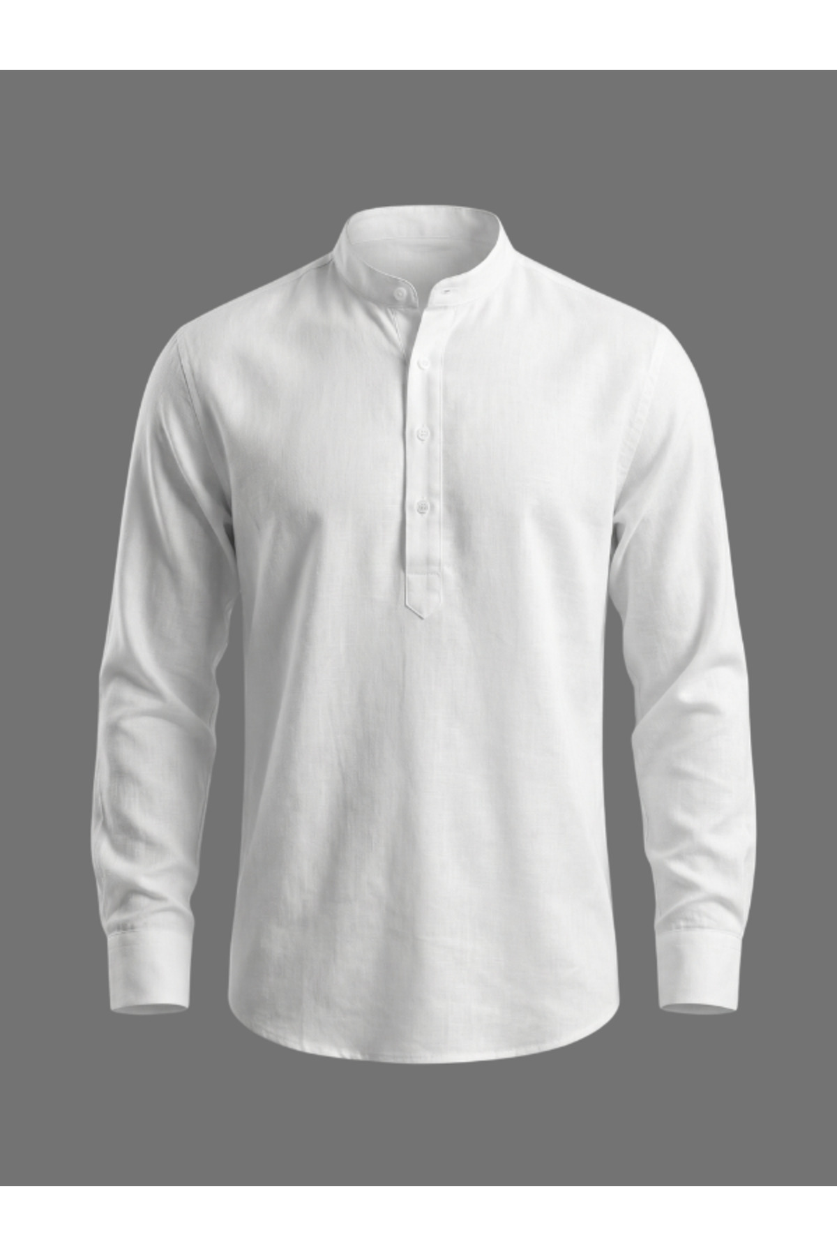 WAMOSSALAPLI  Uzun Kollu Hakim Yaka Üç Düğmeli Keten Dar Kesim Beyaz Gömlek