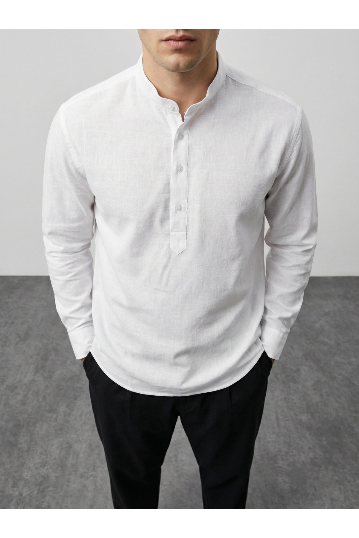 WAMOSSALAPLI  Uzun Kollu Hakim Yaka Üç Düğmeli Keten Dar Kesim Beyaz Gömlek - Görsel 2