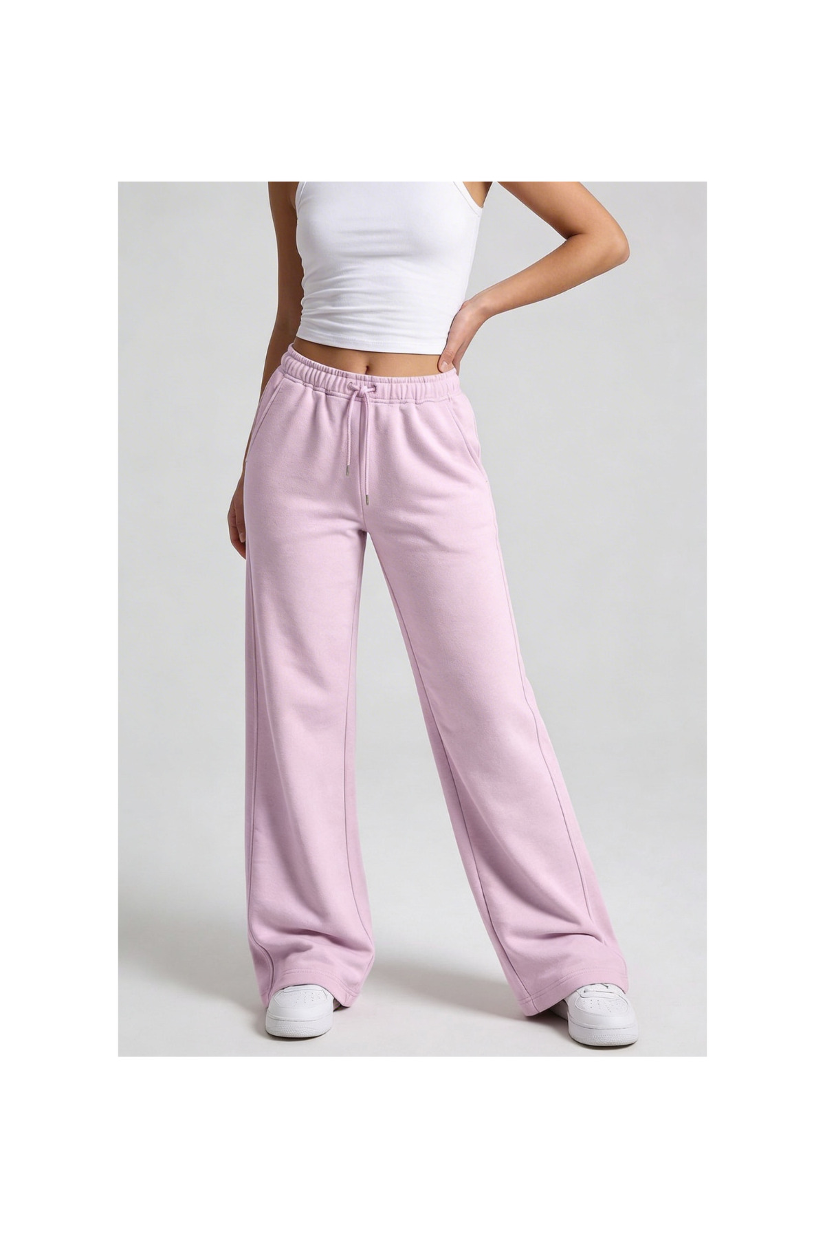 Fancy & Fun  Kadın Yüksek Bel Oversize Beli Lastikli Yan Cepli Garnili 3 İplik Kumaş Eşofman Altı - Görsel 2