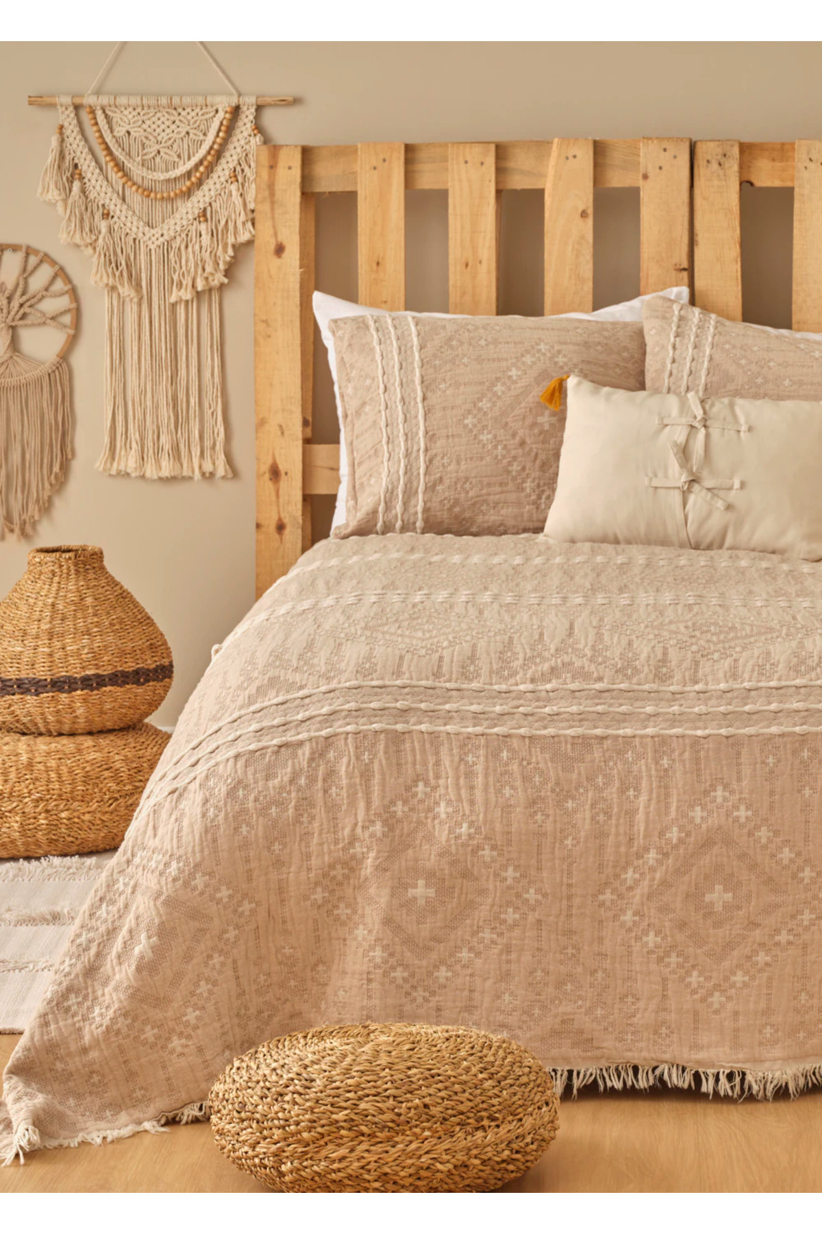 100% Cotton Glorinda Double Bedspread Set Beige (230x240 cm)
