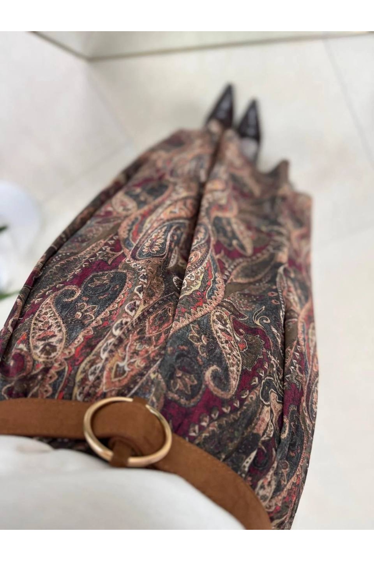 Mzr Collection  KADIN DESENLİ KAHVE LACİVERT GEÇİŞLİ ASTARLI ASİMETRİK ŞİFON ETEK - Görsel 2