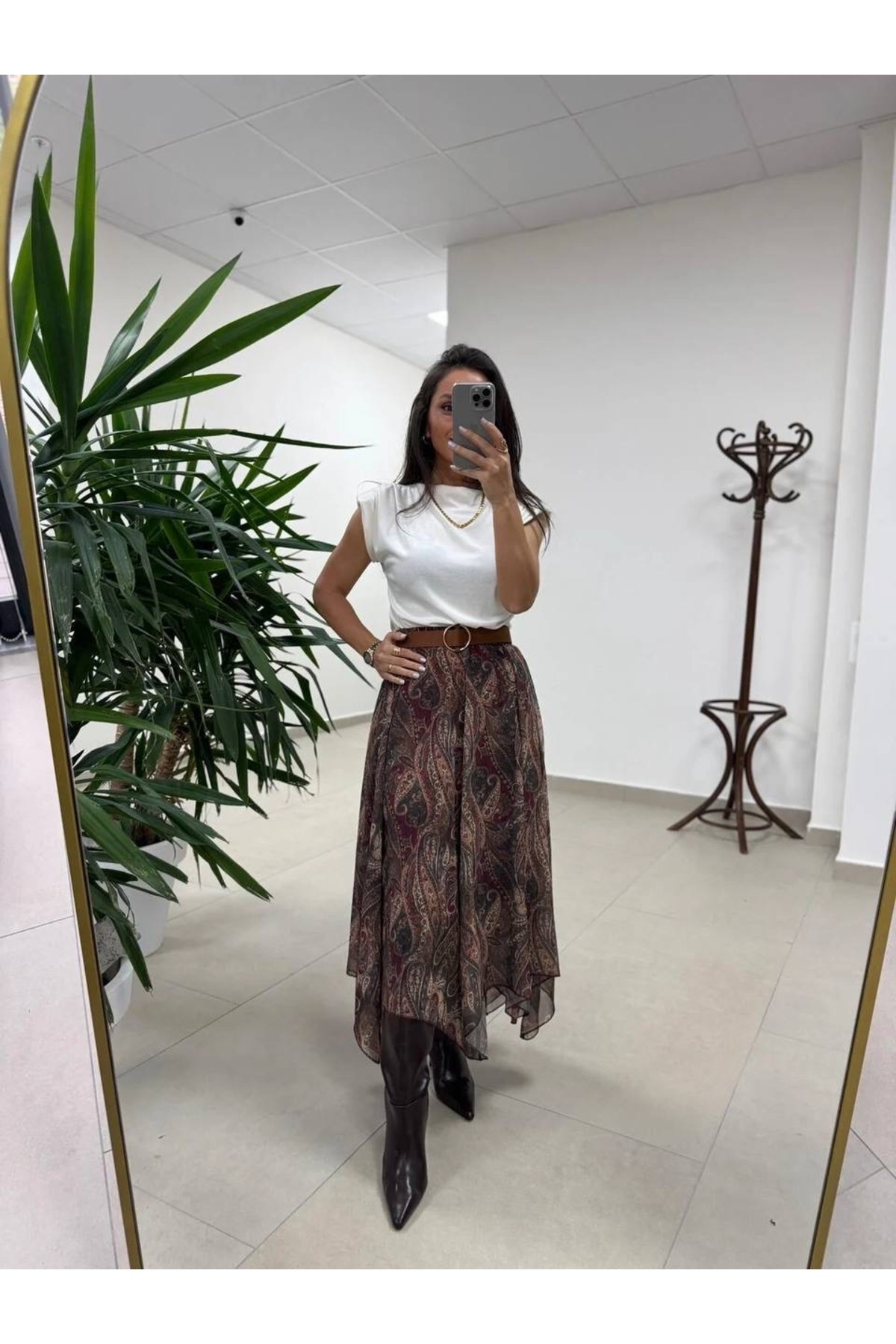 Mzr Collection  KADIN DESENLİ KAHVE LACİVERT GEÇİŞLİ ASTARLI ASİMETRİK ŞİFON ETEK