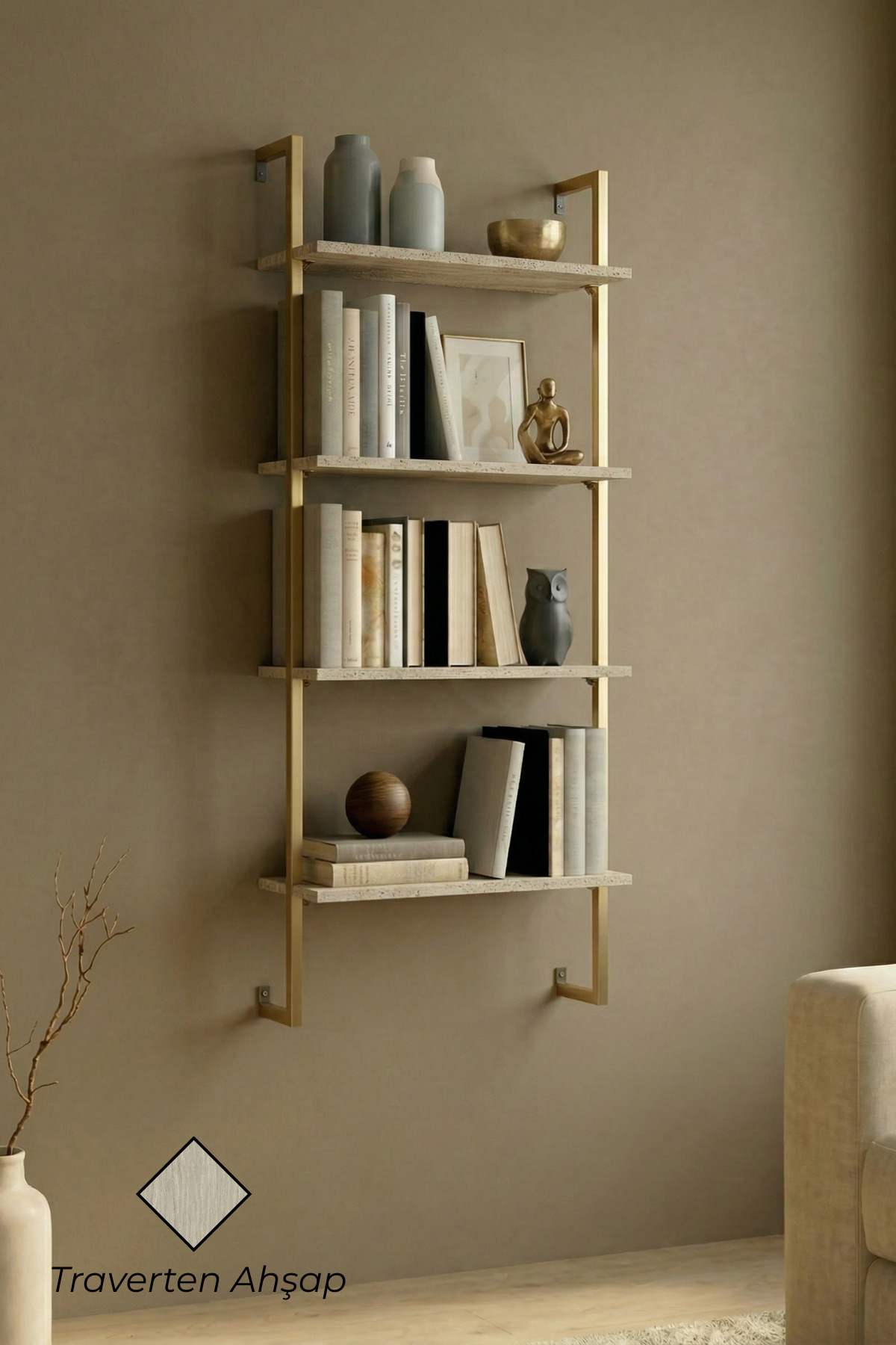 60x20 cm, 4 Shelf Bookshelf | Wall Shelf & Kitchen, Bathroom, Organizer, Gold Metal, Travertine Wood