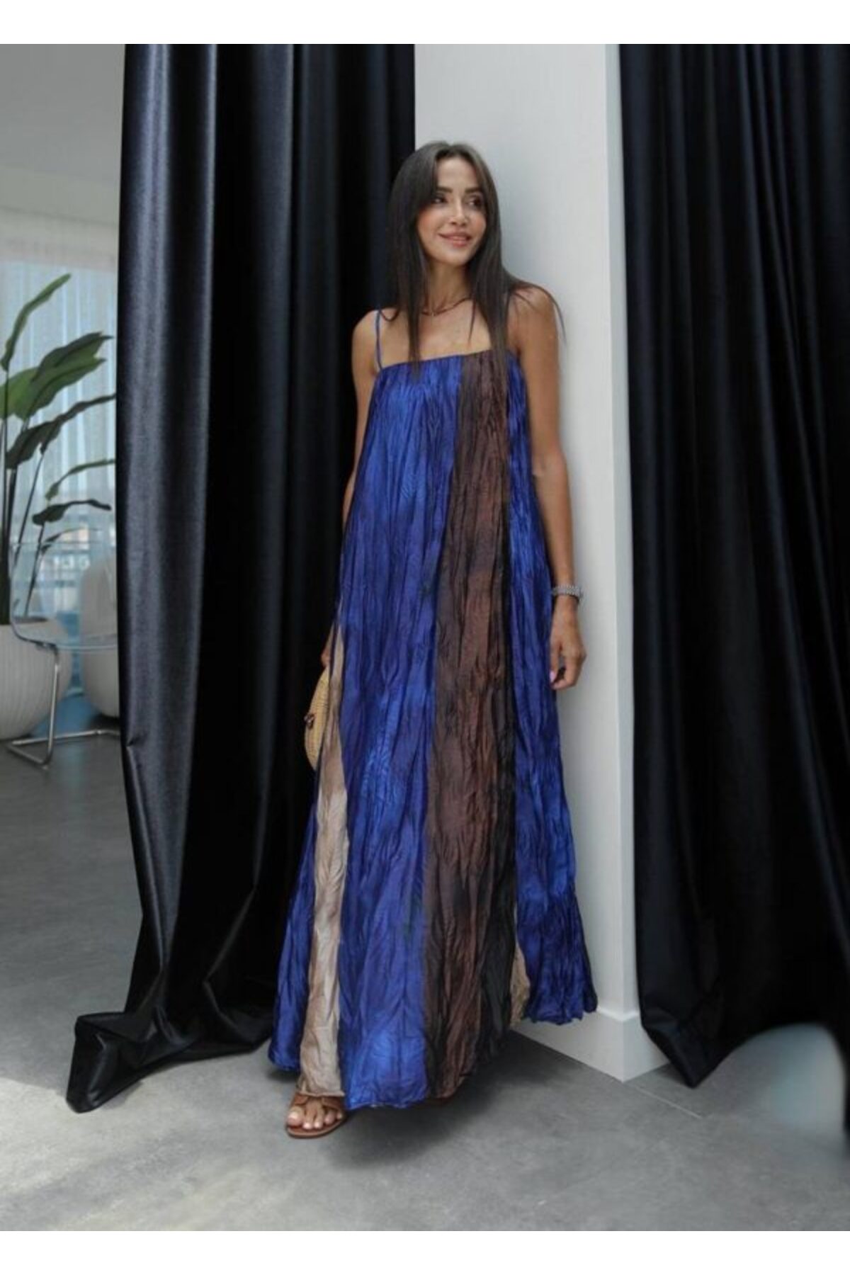 Lijuri  Multi Renkli Askılı Saten Elbise 2035 - Görsel 4