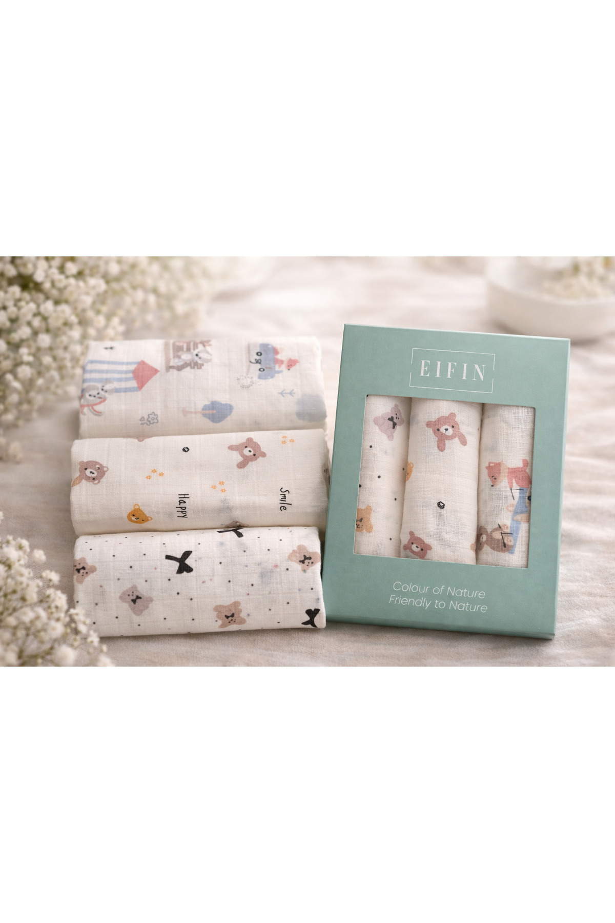 EIFIN Çok Amaçlı Müslin Örtü & Battaniye 3'lü Set %100 Pamuk Oeko-tex Sertifikalı Kutulu fotoğrafı 2 (önizleme)