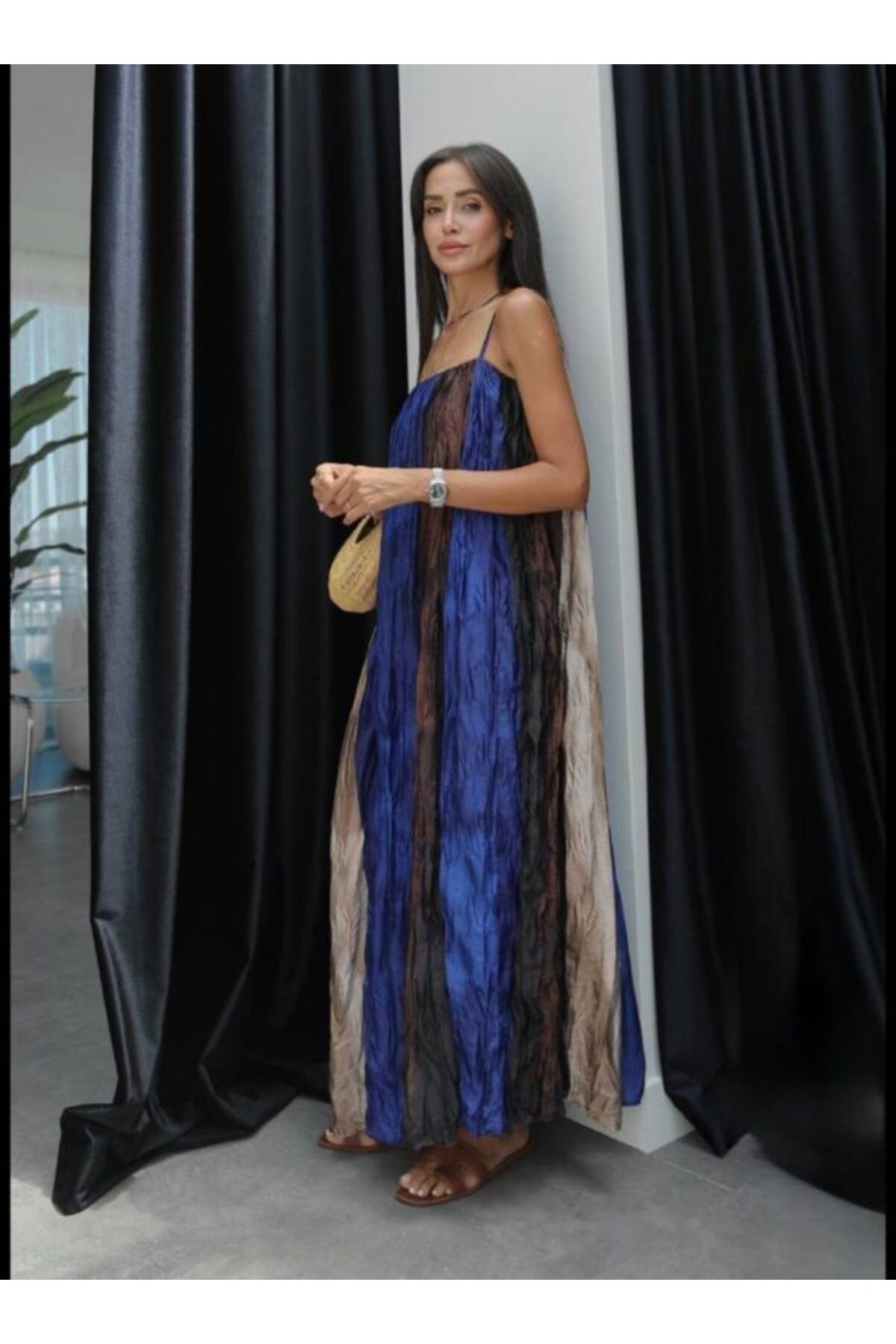 Lijuri  Multi Renkli Askılı Saten Elbise 2035 - Görsel 3