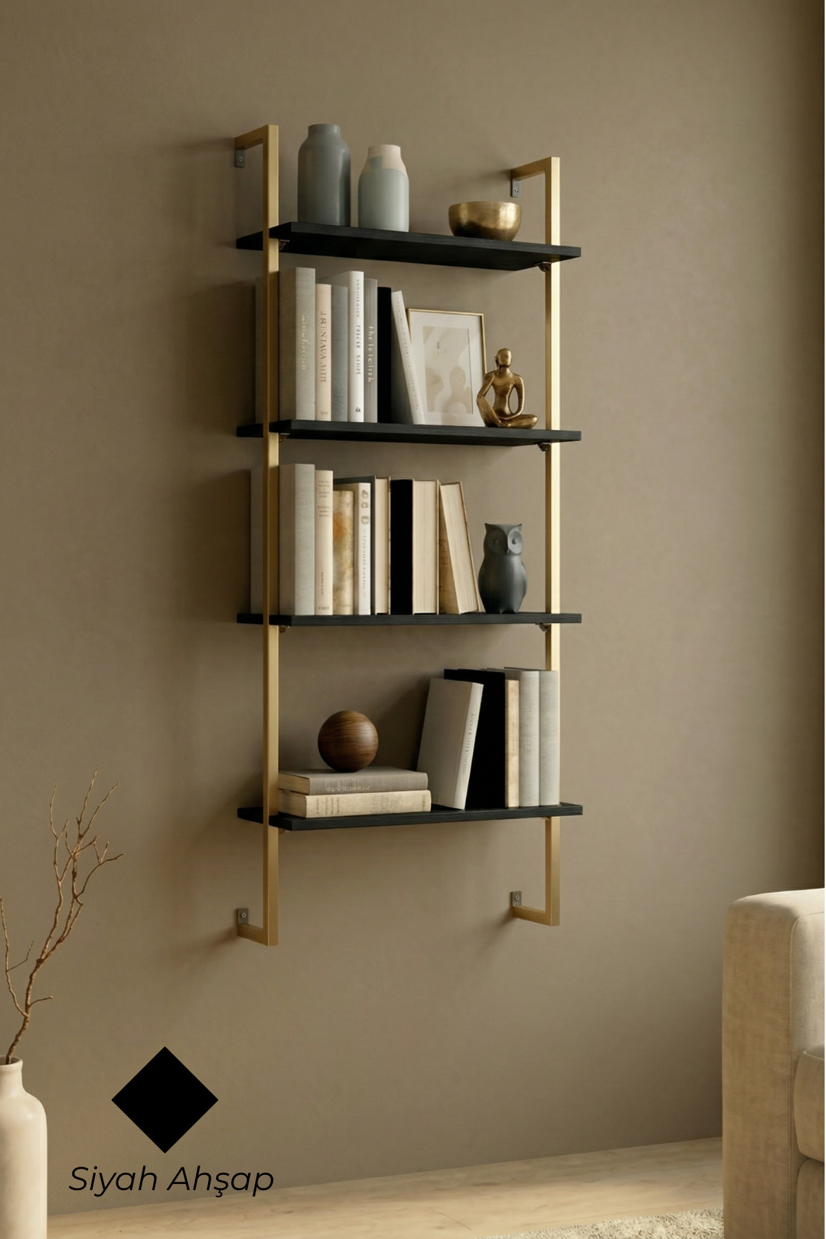 60x20 cm, 4 Shelf Bookshelf | Wall Shelf & Kitchen, Bathroom, Organizer, Gold Metal, Black Wood