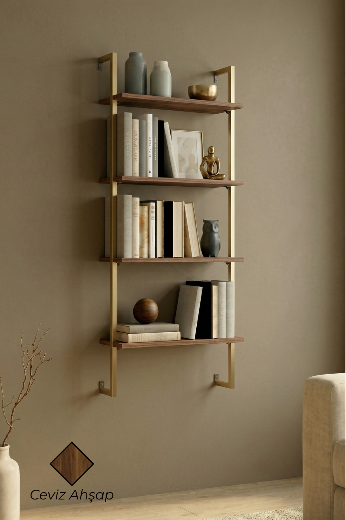 60x20 cm, 4 Shelf Bookshelf | Wall Shelf & Kitchen, Bathroom, Organizer, Gold Metal, Walnut Wood