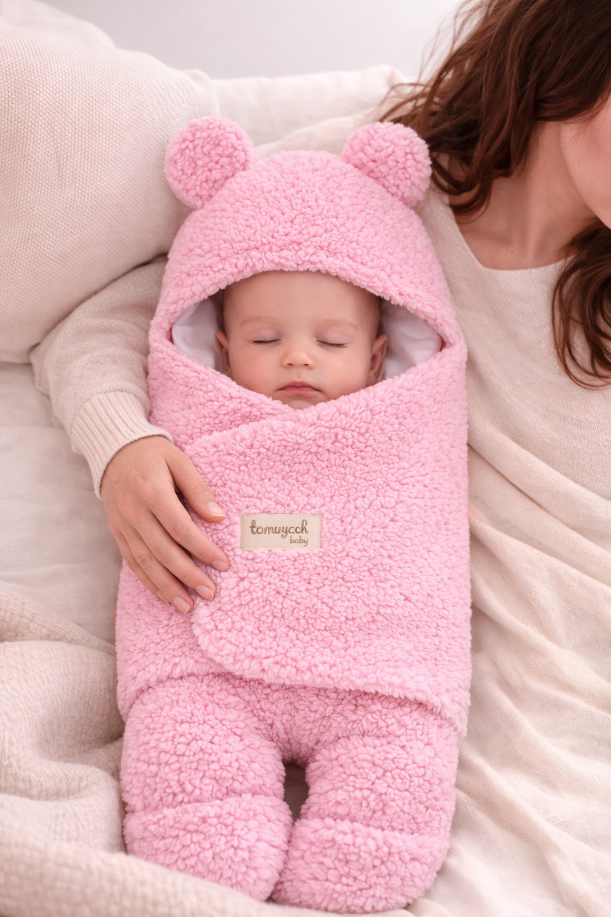 Tomuycuk 0-12 Ay İçi Elyaflı Peluş Welsoft Kulaklı Pembe Dış Bebek Kundak & Battaniyesi Kışlık Uyku Tulumu fotoğrafı 2 (önizleme)