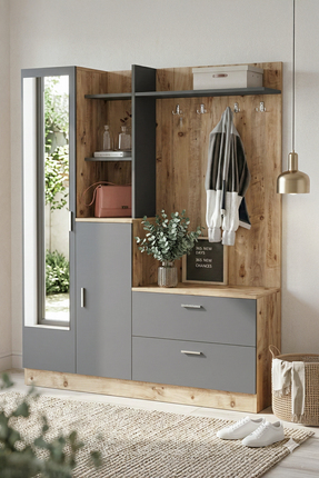 Yurudesign Wisdom Çam Antrasit Vestiyer Ayakkabılık Portmanto Aynalı Raf