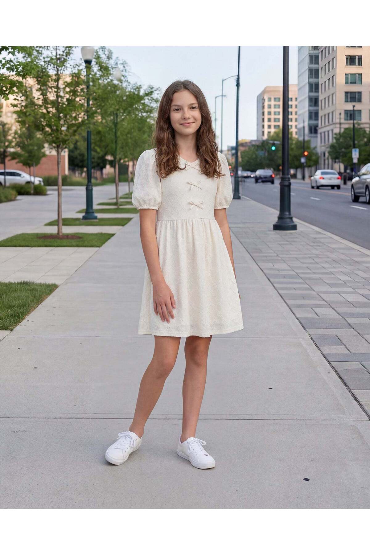 REDTAG Senior Girls Cream Laser Cut Dress With Front Bow Detail