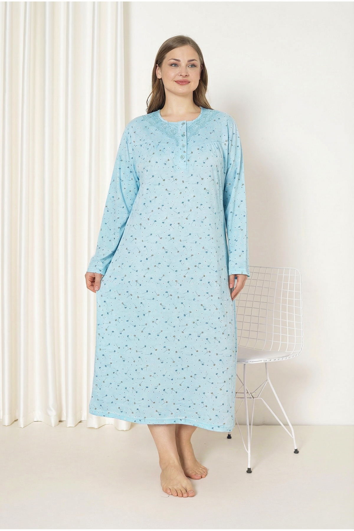 SEBOTEKS %100 Pamuklu Mevsimlik Kumaş Uzun Kollu Büyük Beden Anne Geceliği 585