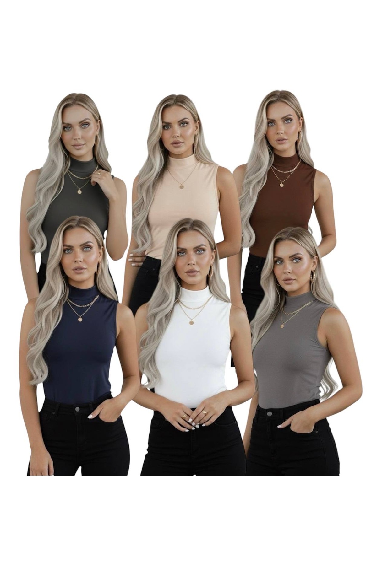 Women's 6-Pack Zero Sleeve Sleeveless Body Viscose Throat Waistline 6 Pcs Turtleneck