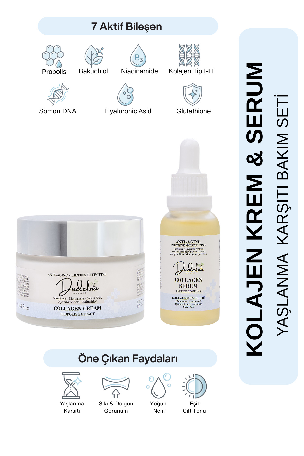 Kolajen Krem & Serum Seti | Yoğun Nem | Peptit Kompleks Anti-Aging Lifting Etkili Yüz & Cilt Bakımı — dudelnaset001