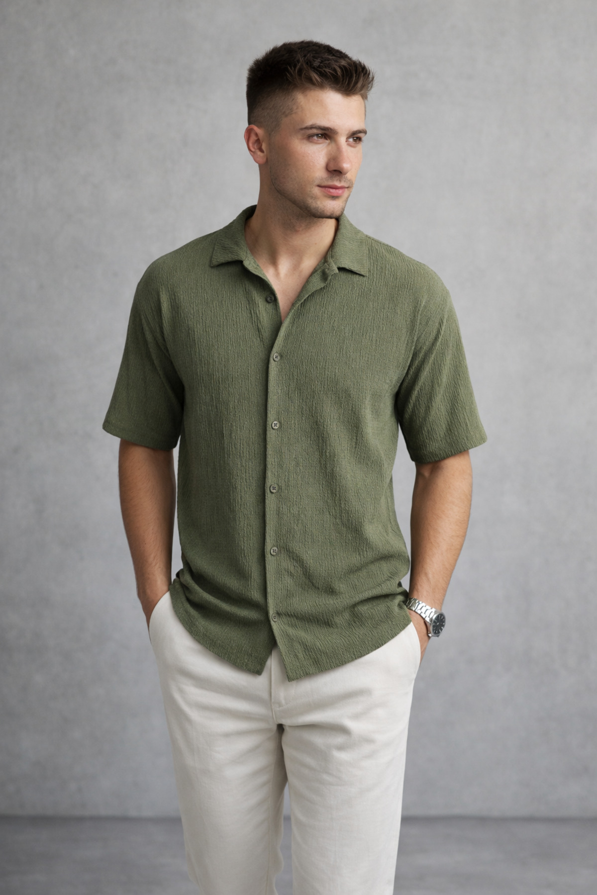 Polo State  Erkek Crinkle Kumaş Regular Fit Gömlek Yeşil - Görsel 5