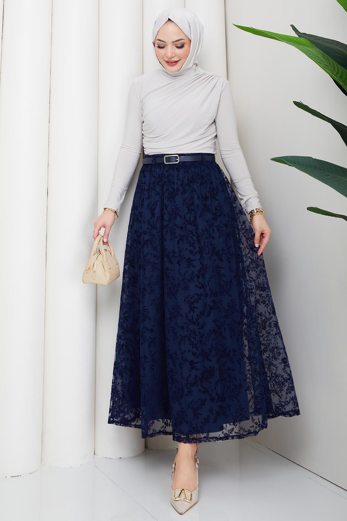 hafsamina  Astarlı Kemerli Çiçek Desenli Tül Etek Lacivert HM2877 - Görsel 2