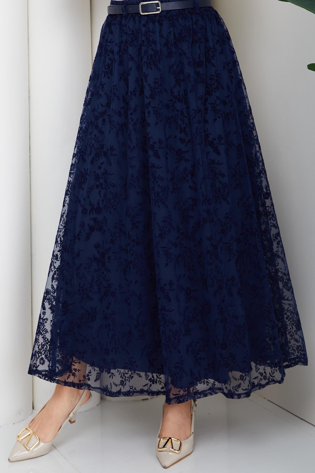 hafsamina  Astarlı Kemerli Çiçek Desenli Tül Etek Lacivert HM2877 - Görsel 5