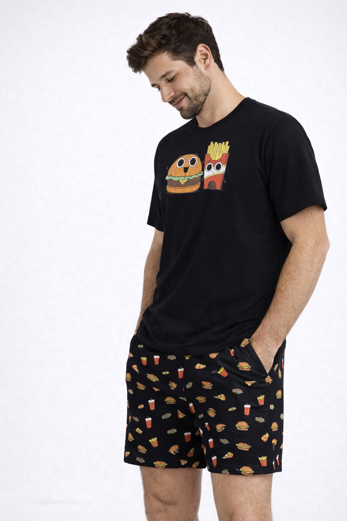 koza iç giyim  Erkek Pamuklu Baskılı Cepli Şortlu Pijama Takımı - Görsel 3