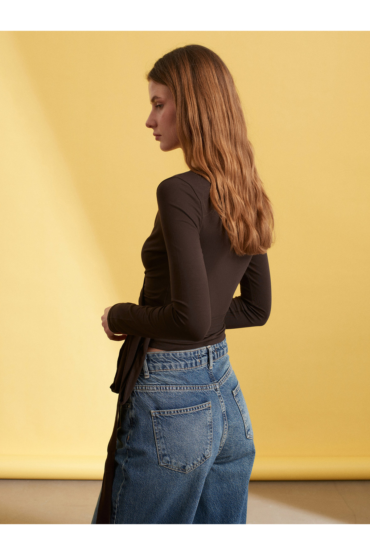 Dilvin  32645 Uzun Kollu Kruvaze Top-Koyu Kahve - Görsel 2