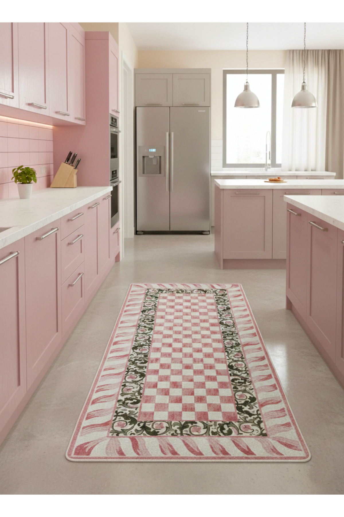 Pink Color- Mackenzie Style Checkered Kitchen Entryway Runner Carpet
