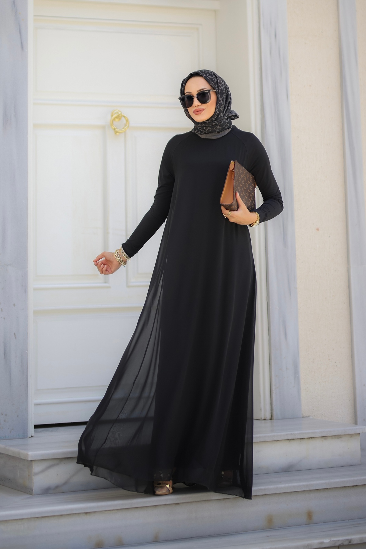 Mürdüm butik Şifon Detaylı Bahar Elbise-Siyah
