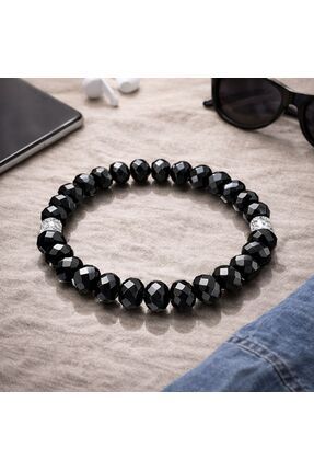 LuneraBag Parlak Siyah Taşlı Gümüş Detay Erkek Bileklik