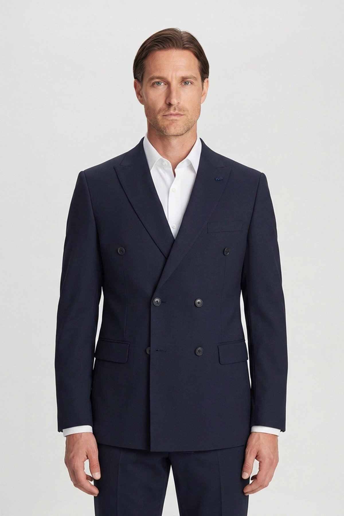 Sabri Özel  Giotelli Erkek Koyu Lacivert Comfort Fit Düz Kruvaze Yaka 6 Drop Dokuma Standart Boy Fleto Kapaklı C