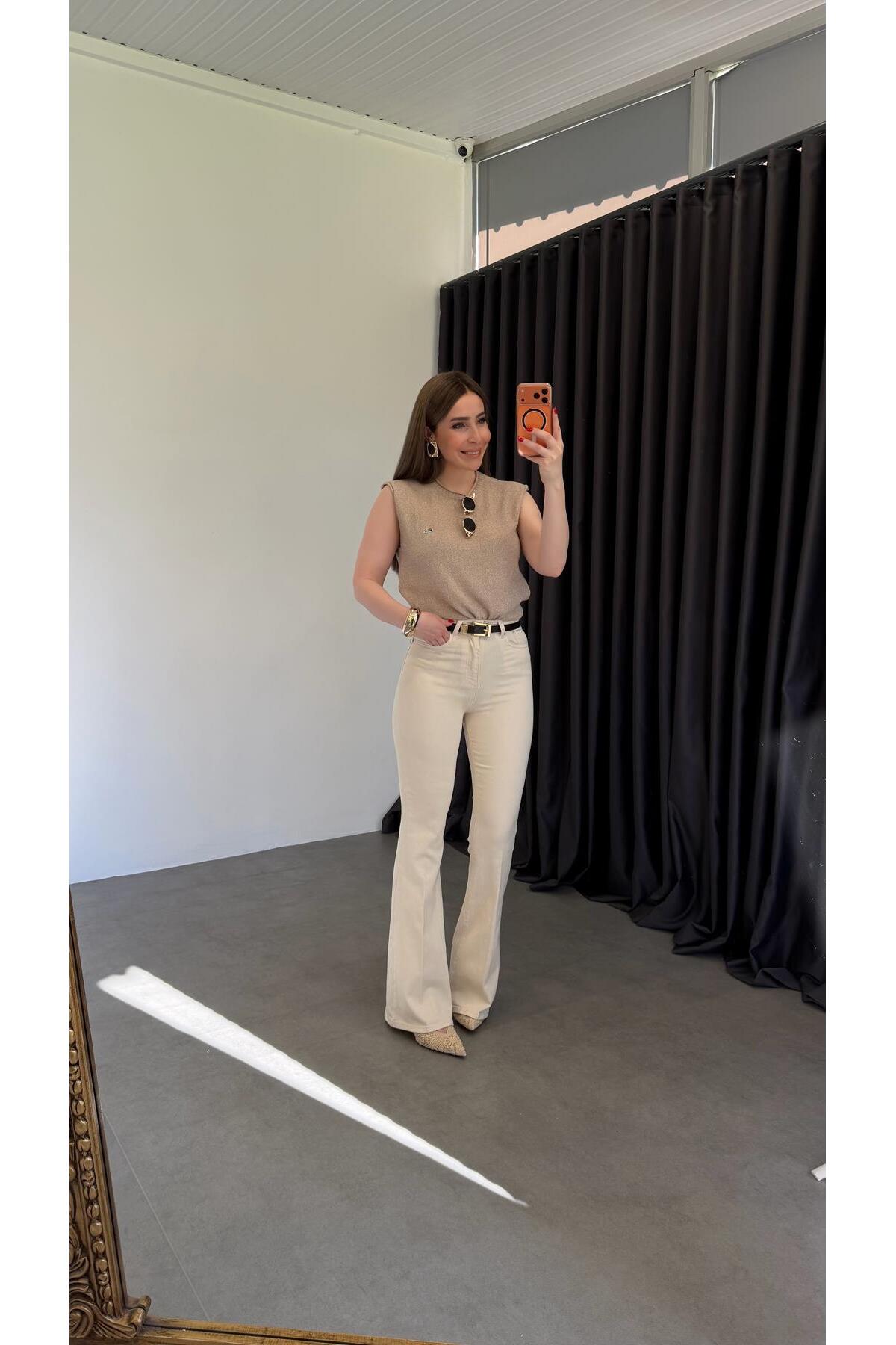 elif teke  Krem Likralı İspanyol Paça Jean - Görsel 2