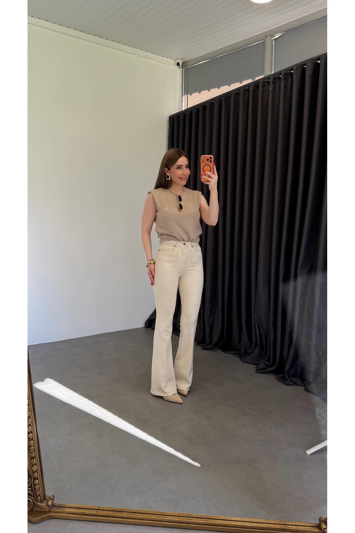 elif teke  Krem Likralı İspanyol Paça Jean