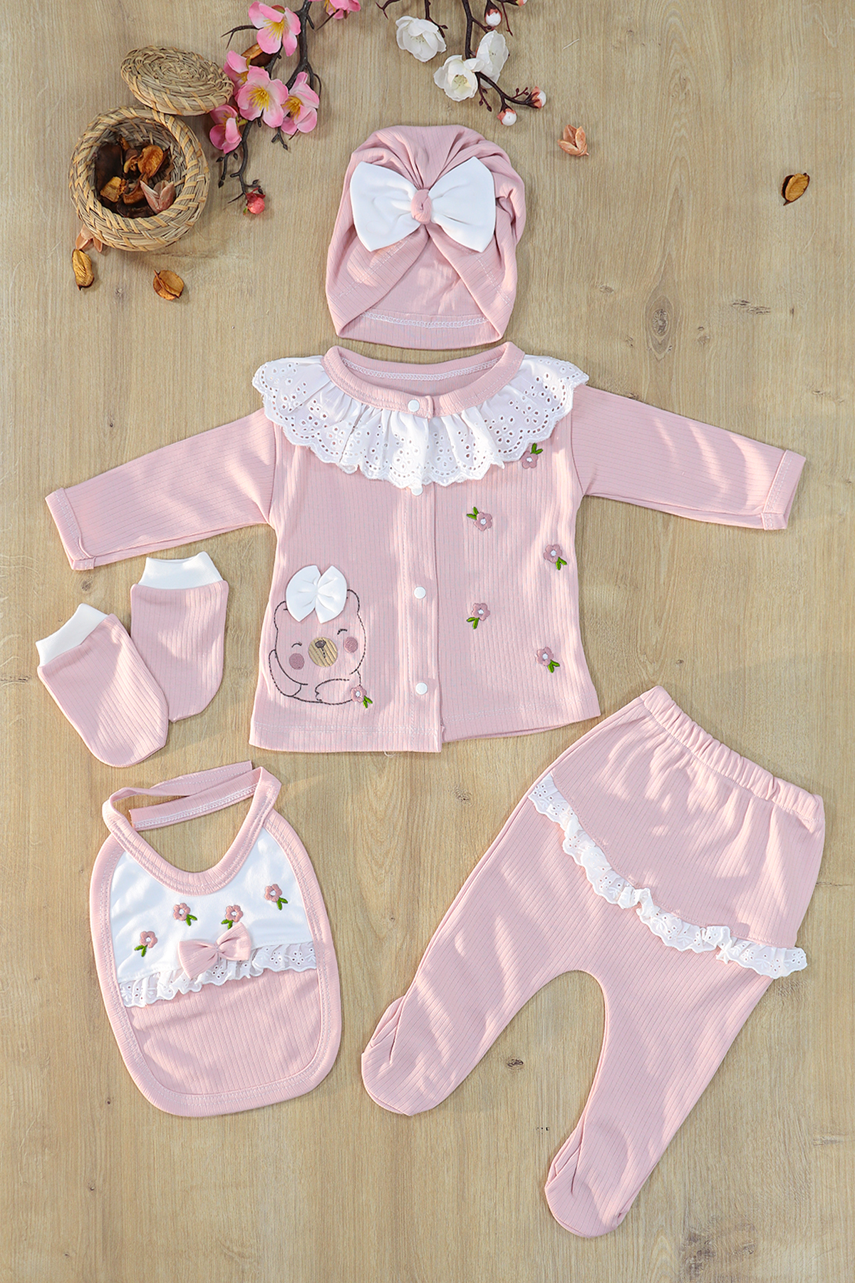 Sitilin Kız Bebek Fistolu Lüks Süslü İşlemeli 5 Li Hastane Çıkışı Yenidoğan Set STL7167 fotoğrafı 2 (önizleme)