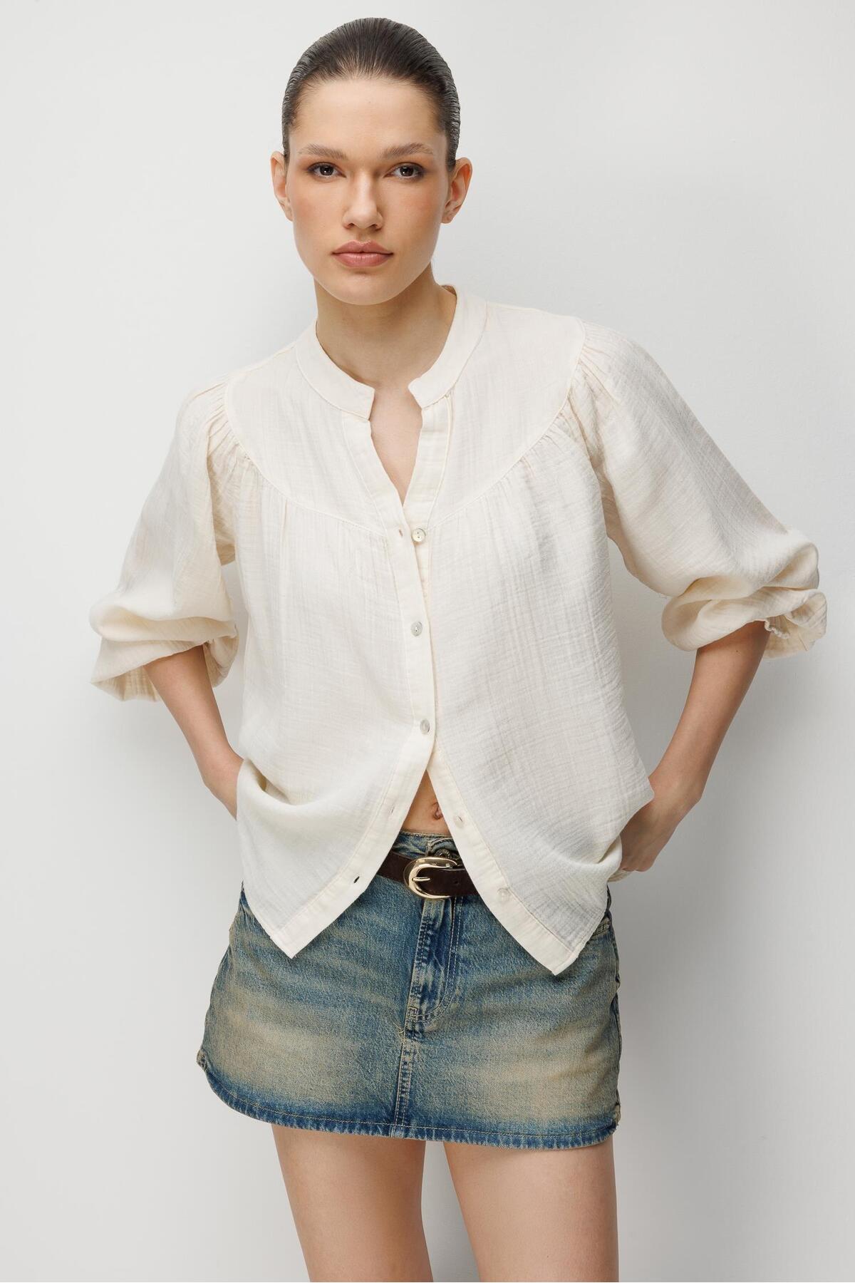 Mixray  4733 Kadın Büzgü Robalı Uzun Kol Müslin Gömlek Naturel - Görsel 3