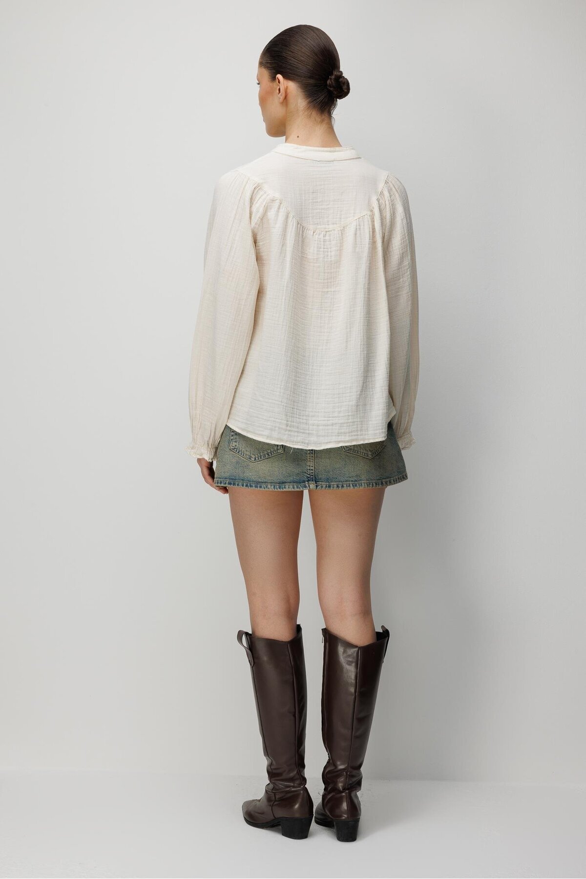 Mixray  4733 Kadın Büzgü Robalı Uzun Kol Müslin Gömlek Naturel - Görsel 7