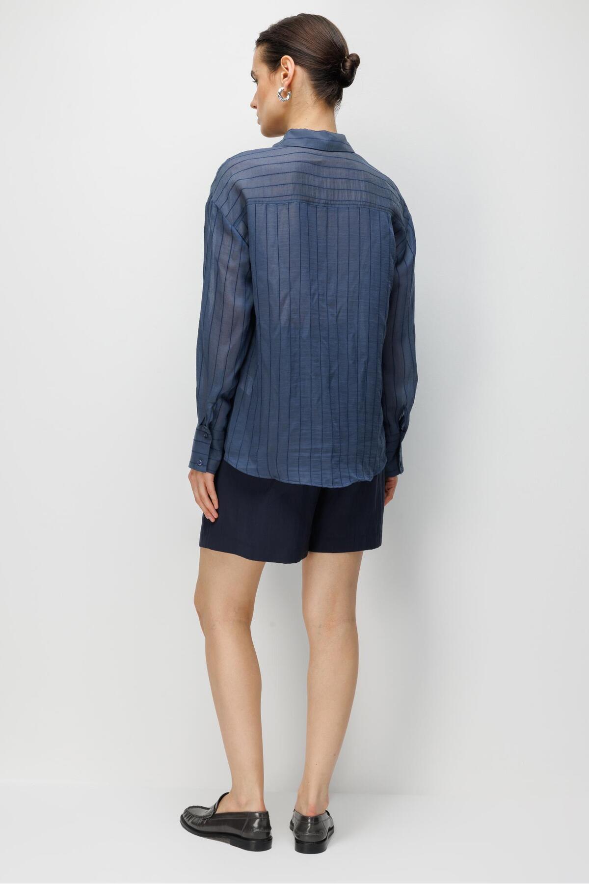 Mixray  4644 Kadın Kabartma Çizgili Transparan Basic Gömlek Lacivert - Görsel 5