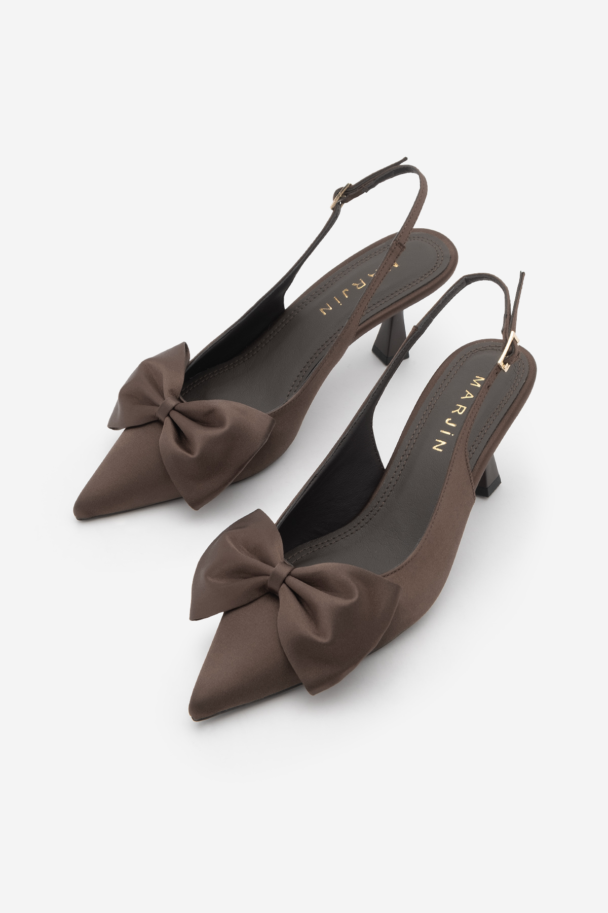 Women's Stiletto Classic Heeled Shoes with Open Back Bow Detail Sarvel Brown Satin