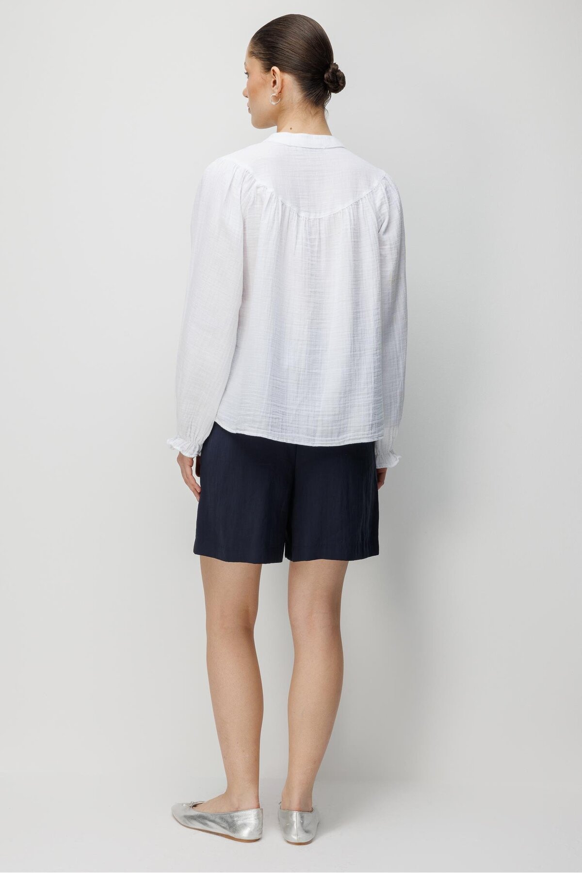 Mixray  4733 Kadın Büzgü Robalı Uzun Kol Müslin Gömlek Beyaz - Görsel 7