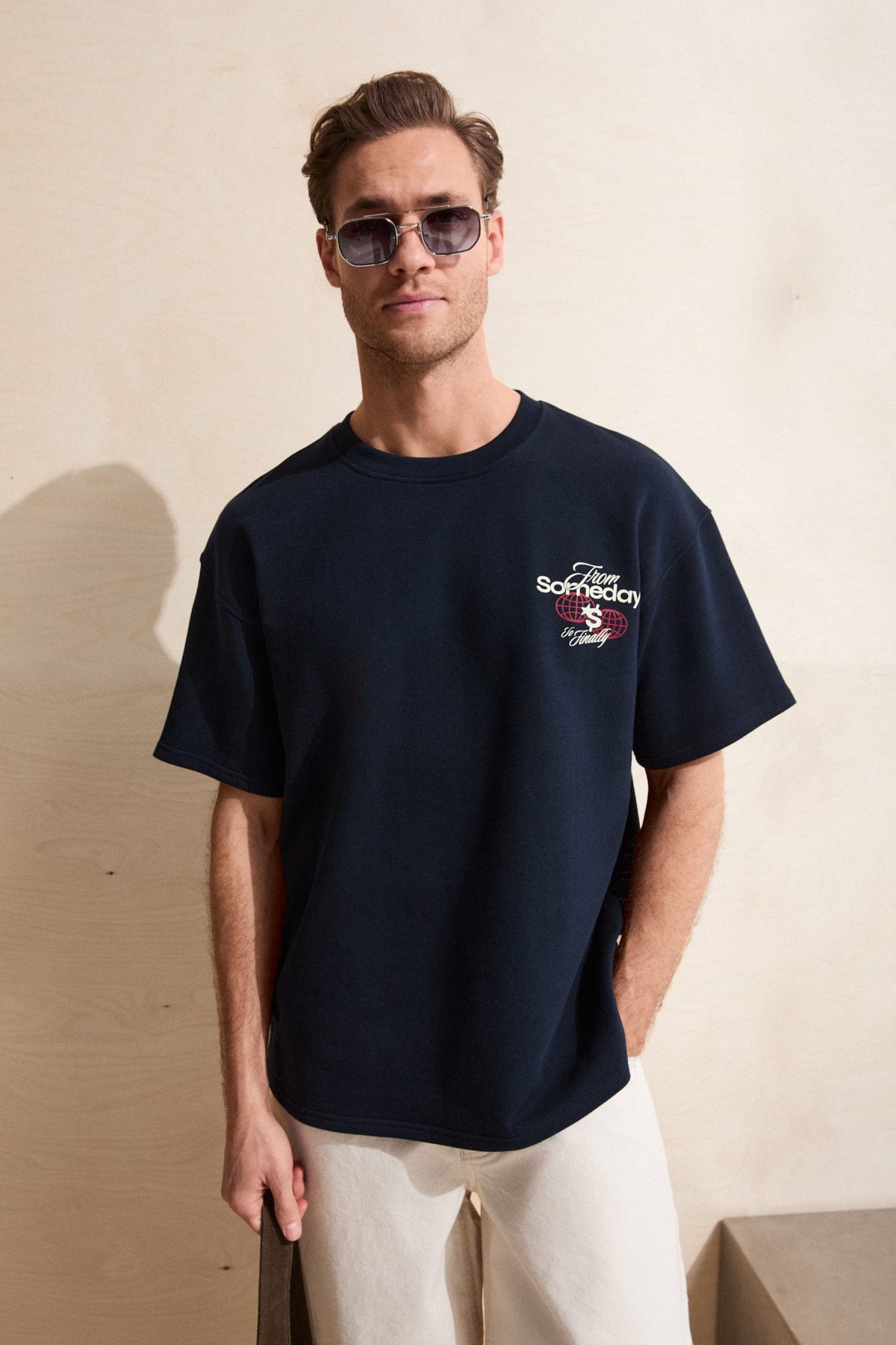 GRIMELANGE  DUKI Erkek Bisiklet Yaka Organik Pamuklu Baskılı Oversıze Lacivert T-Shirt - Görsel 2