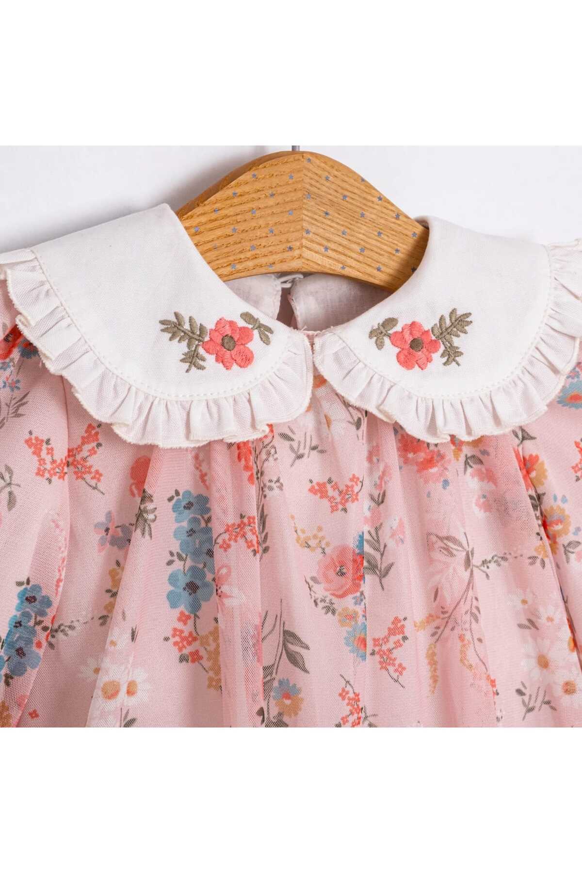 ministok Jeny Yakası Nakışlı Çiçek Desenli Kız Bebek Elbisesi fotoğrafı 3 (önizleme)