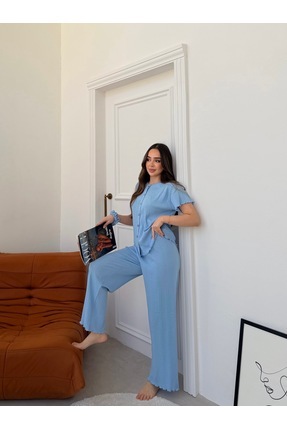 Noir Amour %100 Saf Pamuk Bebe Mavi Düğmeli 2’li Kadın Pijama Takımı