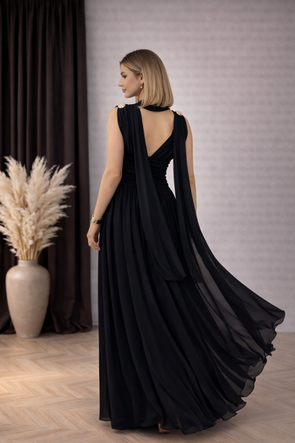 Rabia Çelik Women's Maxi Black Event Dress with Scarf Detail and
