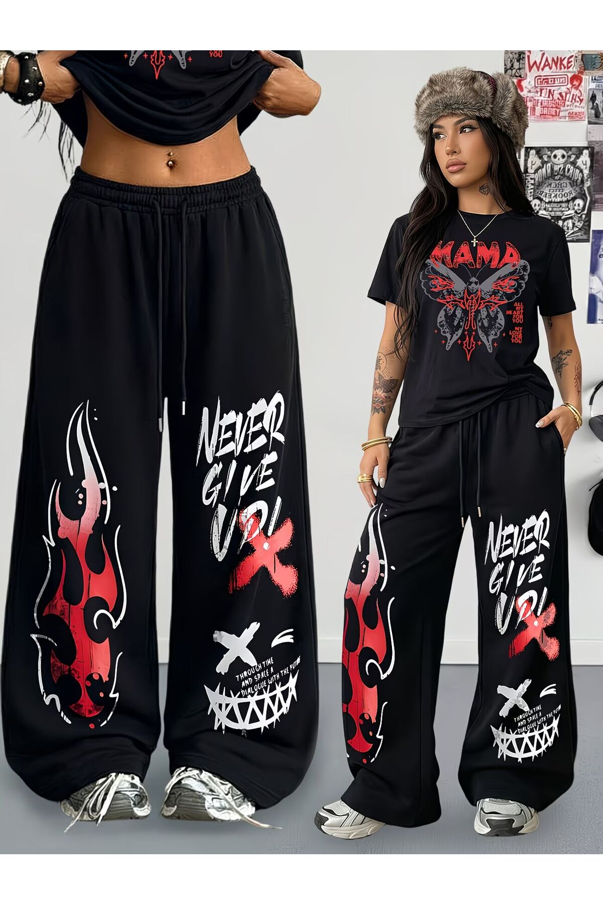 Unisex Never Give Up Baskılı Oversize Tshirt ve Baggy Eşofman Altı - Yazlık İkili Eşofman Takımı — مشکی darkopiawearny23