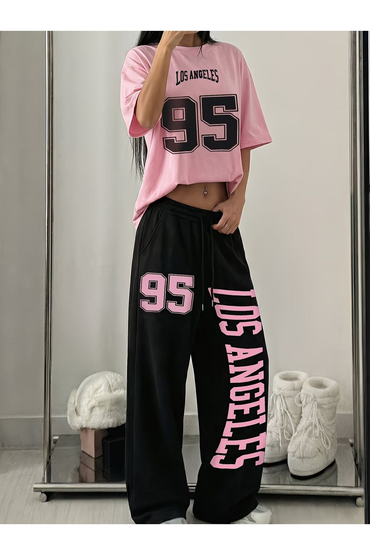 Unisex Los Angeles 95 Baskılı Oversize Tshirt ve Baggy Eşofman Altı - Yazlık İkili Eşofman Takımı — صورتی darkopiawearla95
